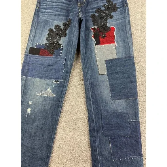 Lauren Ralph Lauren Jeans Women 00 Relaxed Taper Patchwork Blue Plaid Lace Denim